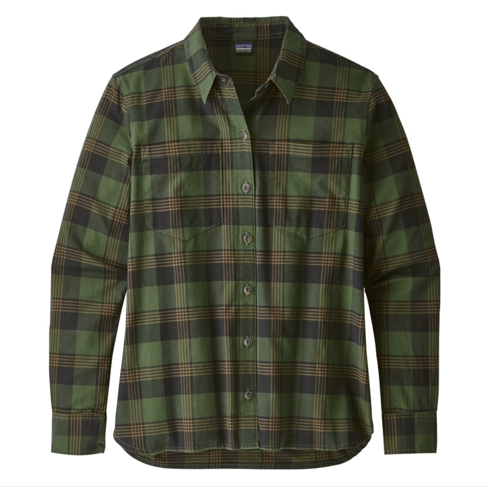 Patagonia Catbells Shirt Women Small Green Plaid Organic Cotton Button Up